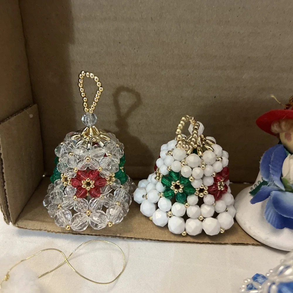 VTG Handmade Christmas Ornaments Bells Stained Glass Cross-stitched Angel Lot 12